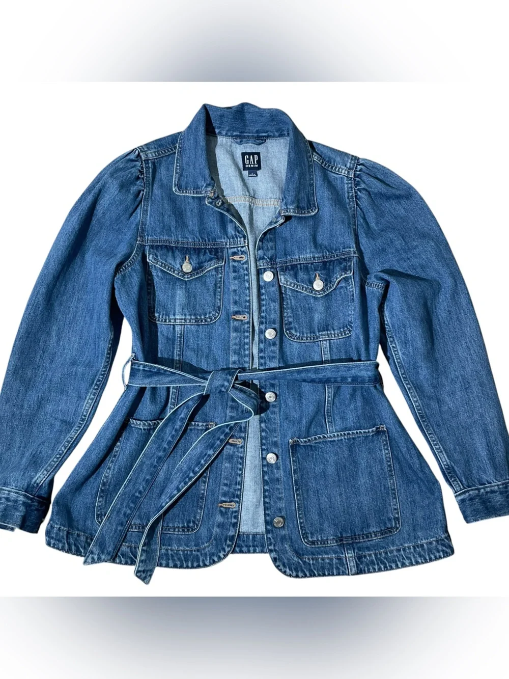 GAP Puff Sleeve Denim Field Surplus Jacket Belted Blue Trench Women's Sz L